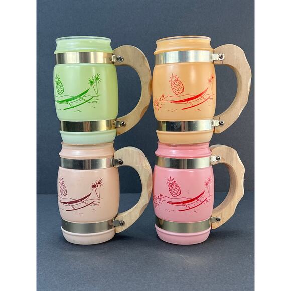 Vtg Siesta Ware Mugs 4 Set Frosted Wood Handles Tiki Bar Mid Century Tropical - Picture 2 of 10